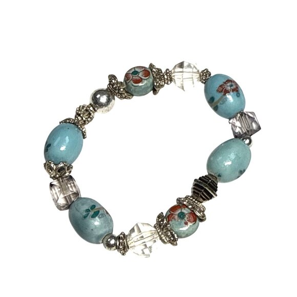 Light Blue Glass Beaded Stretch Bracelet Handmade Boho Jewelry - Picture 2 of 7